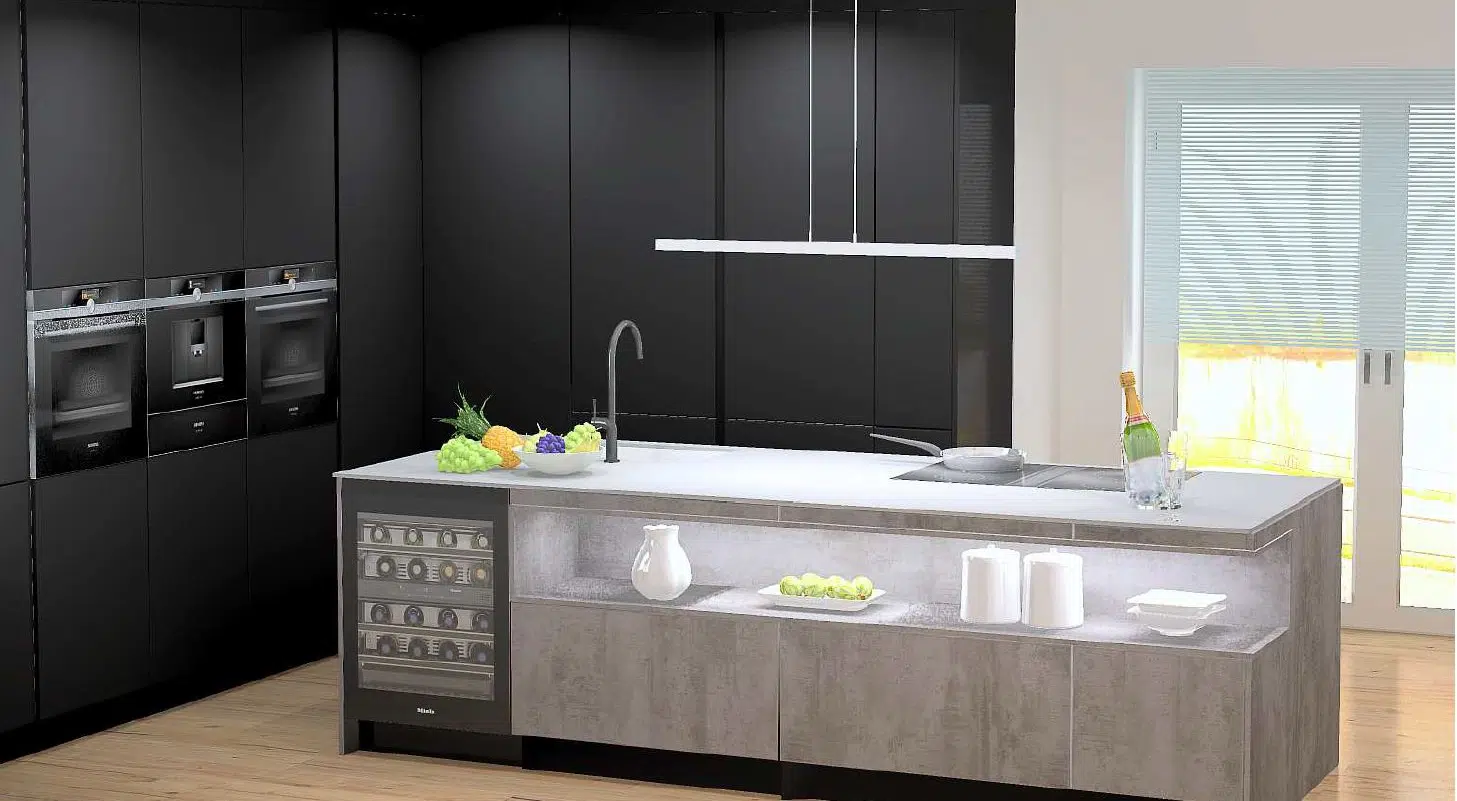Küchenplan und Küchenplanung in 3D mit schwarzer Küche und Kochinsel