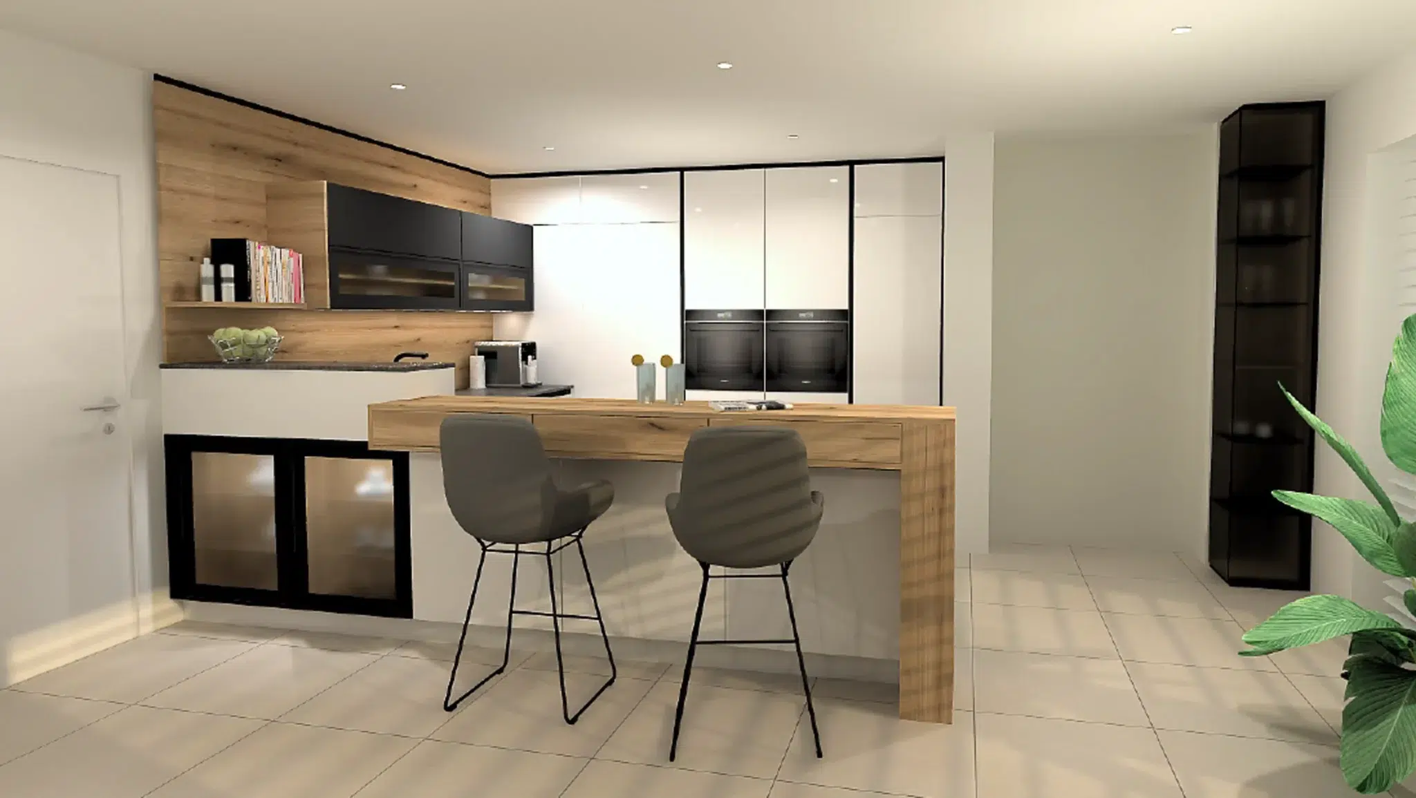 3D Plan von Breitschopf Küchen mit einer hellen Küche in hellgrau und Eiche